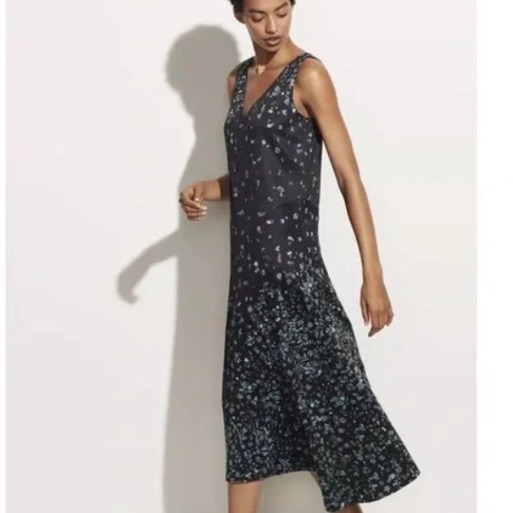 Vince Womens Shift Dress Sz Large Floral Satin Midi V Neck Asymmetrical Black